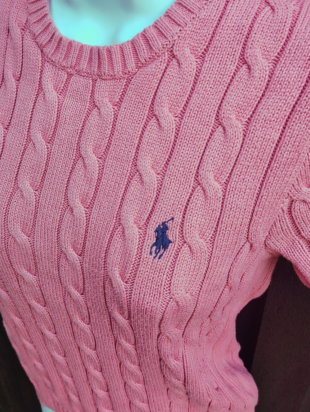 Ralph Lauren Salmon Pink Cable-Knit Crewneck Sweater with Navy Pony